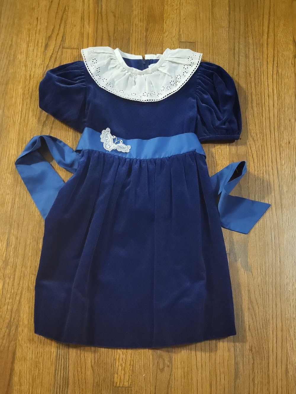 Florence Eiseman Deep Blue Velvet Dress with White Eyelet Collar and Blue Sash
